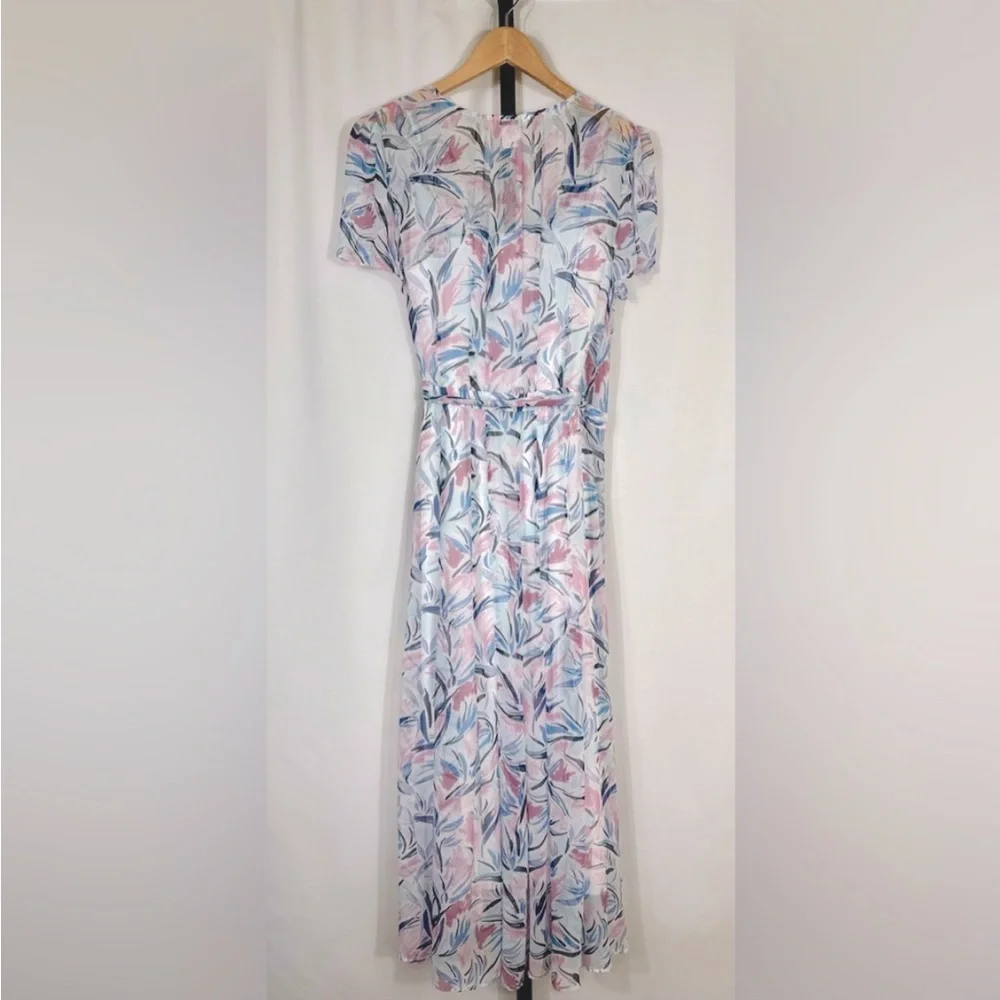 🆕 Club Monaco Birds of Paradise Maxi Wrap Dress Blue and Pink Chiffon, Size 4 - Picture 10 of 16